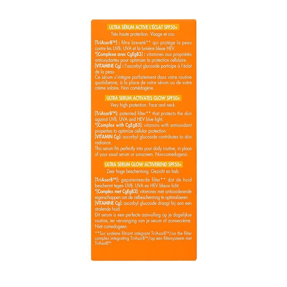 Achterkant van de Avène Ultra Serum SPF50+ verpakking met productinformatie.