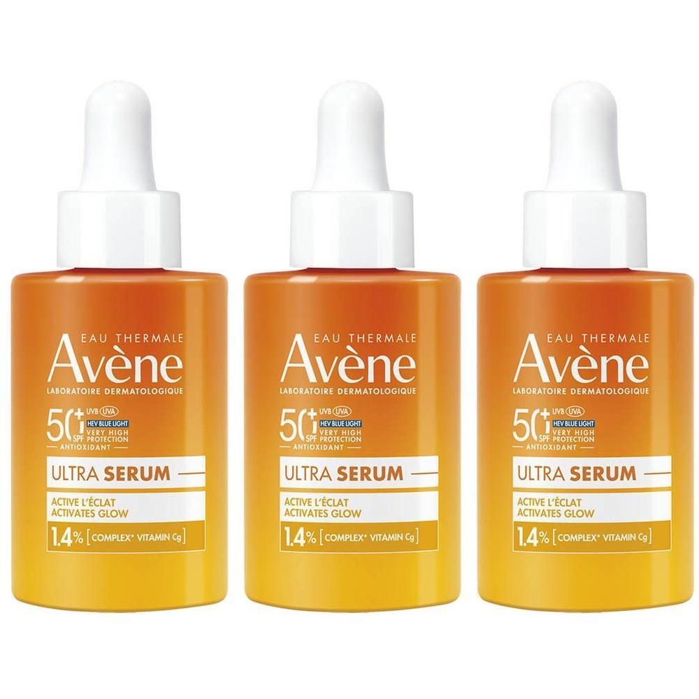 Drie flacons Avène Ultra Serum SPF50+ met druppelaar, oranje-gele kleurverloop.