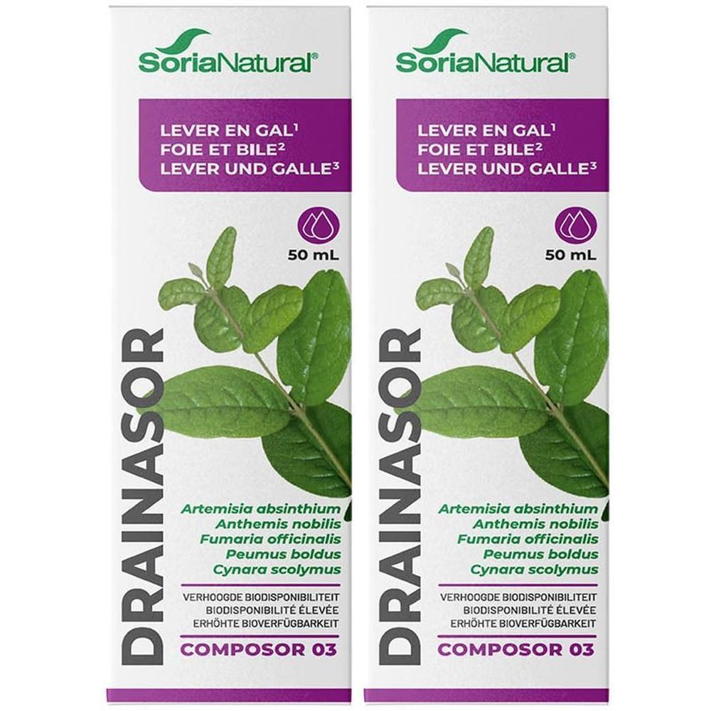 Twee verpakkingen SoriaNatural Drainasor Lever en gal, 50 ml.