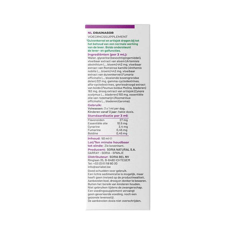Achterkant van een SoriaNatural Drainasor verpakking met ingrediëntenlijst en gebruiksaanwijzing.