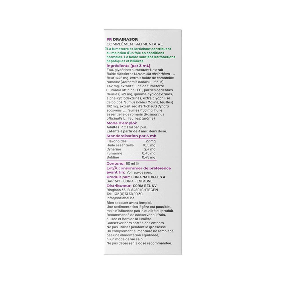 Arrière d'un emballage SoriaNatural Drainasor avec liste d'ingrédients et instructions.