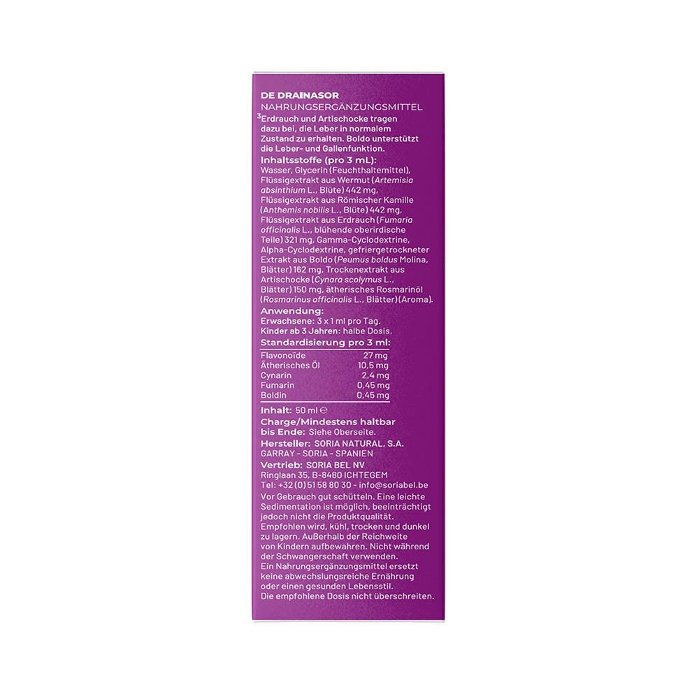 SoriaNatural Drainasor, verso du flacon de 50 ml avec informations d'utilisation.