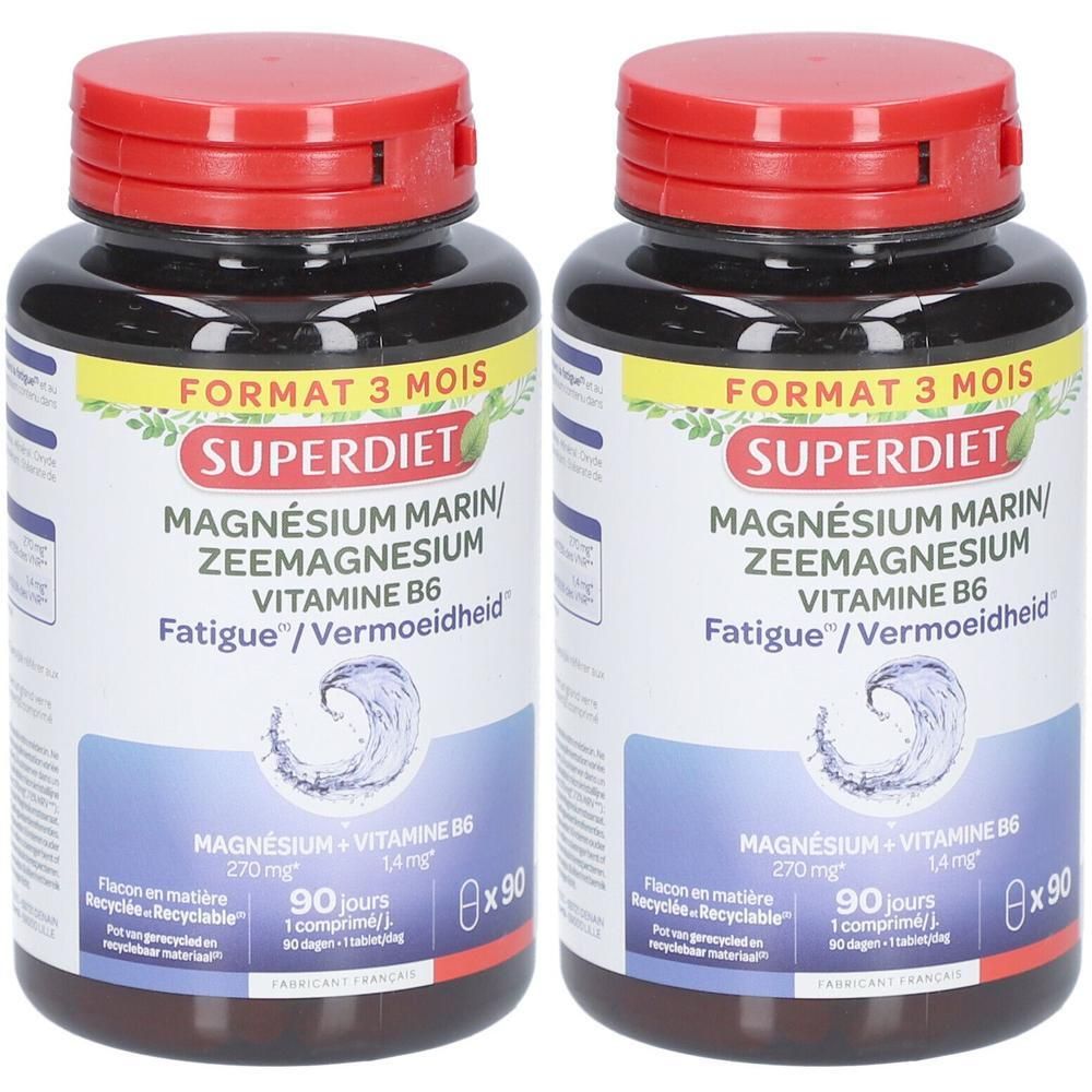 Twee flacons Superdiet Marien Magnesium Vitamine B6, 90 tabletten per flacon.