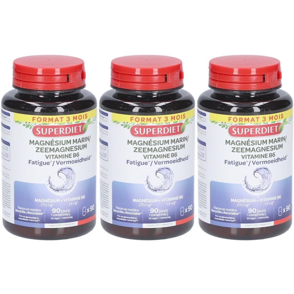 Drie flessen Superdiet Magnesium Marin Vitamine B6 met rode dop. Elke fles bevat 90 capsules.