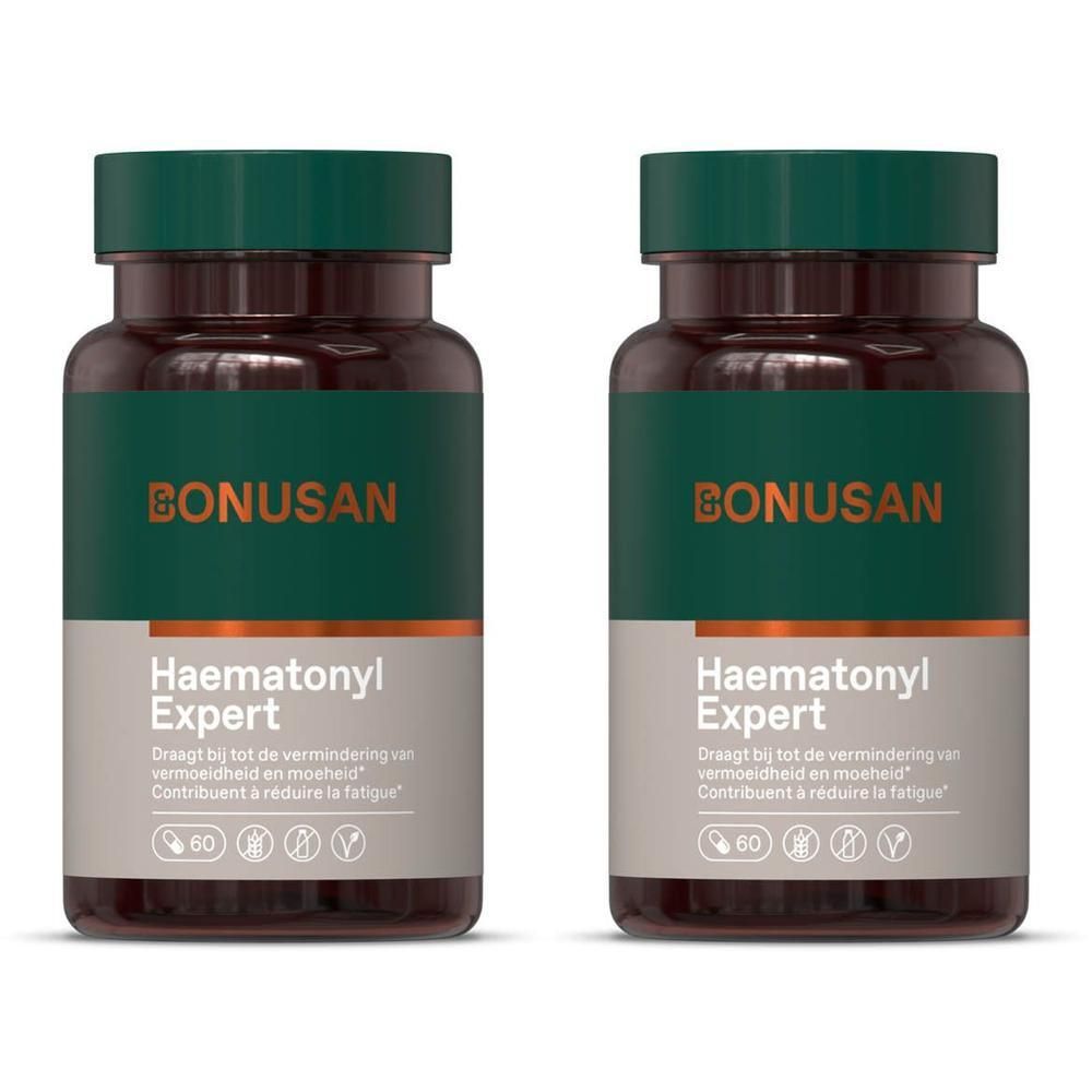 Twee flessen Bonusan Haematonyl Expert met groene doppen en etiketten met informatie en symbolen.