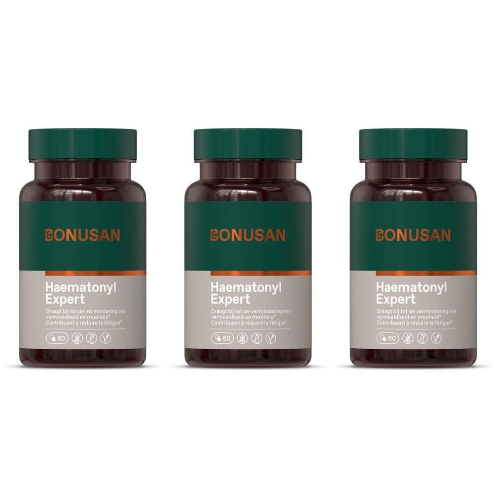 Drie Bonusan Haematonyl Expert flacons met donkergroene doppen en etiketten.
