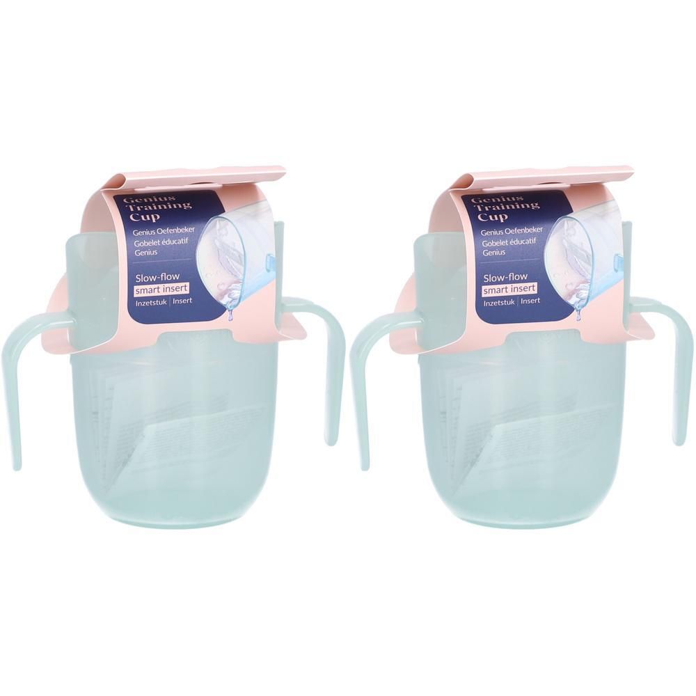 Deux gobelets éducatifs bleu clair avec poignées et capuchon rose. Inscription 'Genius Training Cup'.