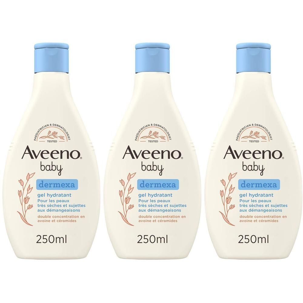 Trois flacons Aveeno Baby Dermexa nettoyant hydratant, bouchon bleu.