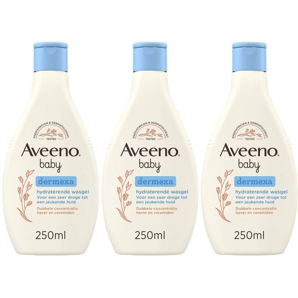 Drie Aveeno Baby Dermexa hydraterende reinigingsflessen, blauwe dop.