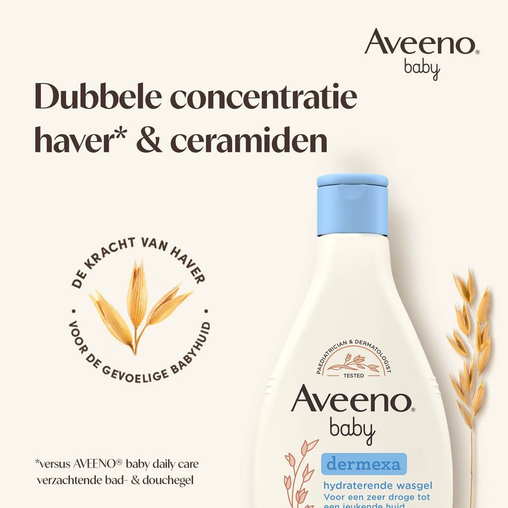 Aveeno Baby Dermexa fles met haver-symbool. Tekst over dubbele concentratie.