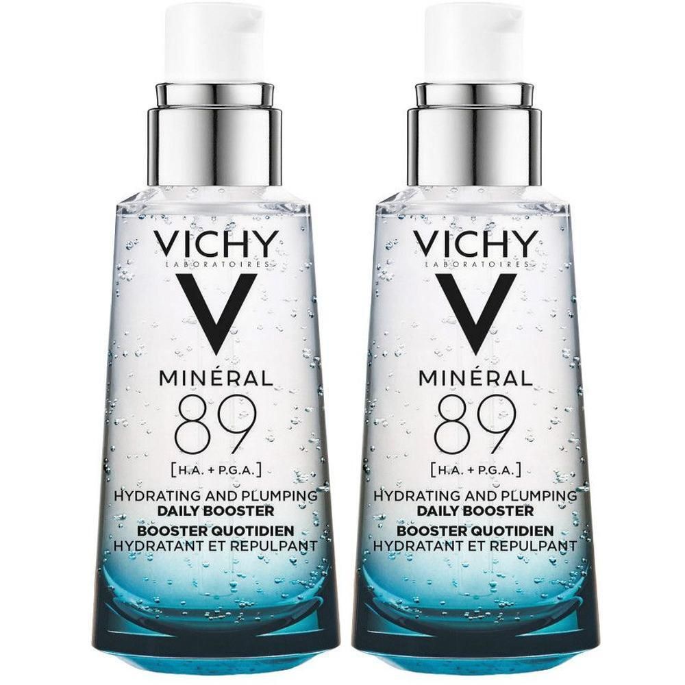 Twee Vichy Minéral 89 booster flacons met pompdispensers.