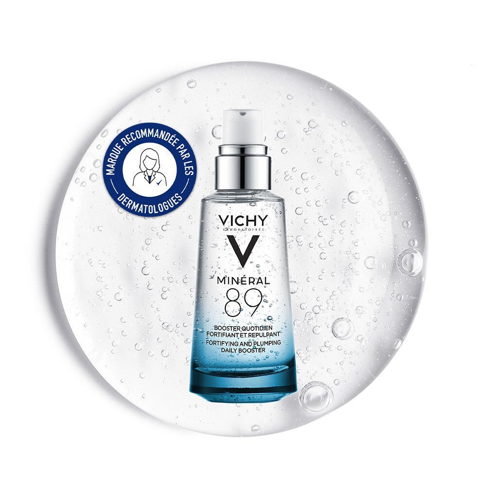 Sérum Vichy Minéral 89 dans une goutte de gel, avec sceau dermatologue.