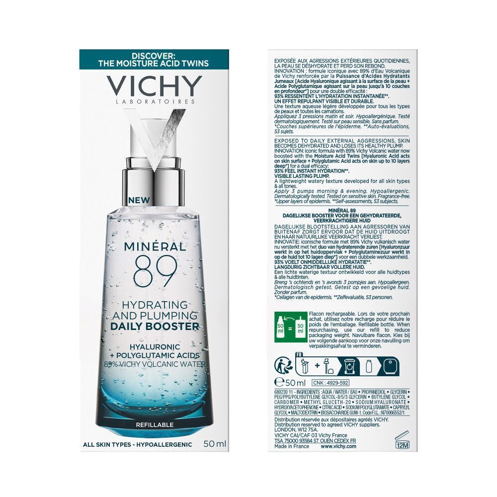 Vichy Minéral 89 booster fles en verpakking met productinformatie.