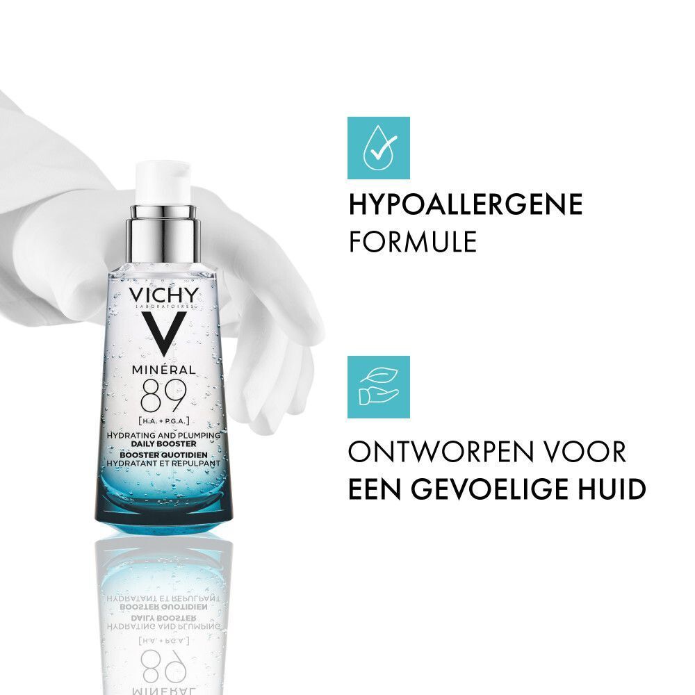 Vichy Minéral 89 booster: hypoallergene formule, ontworpen voor gevoelige huid, zonder parfum.