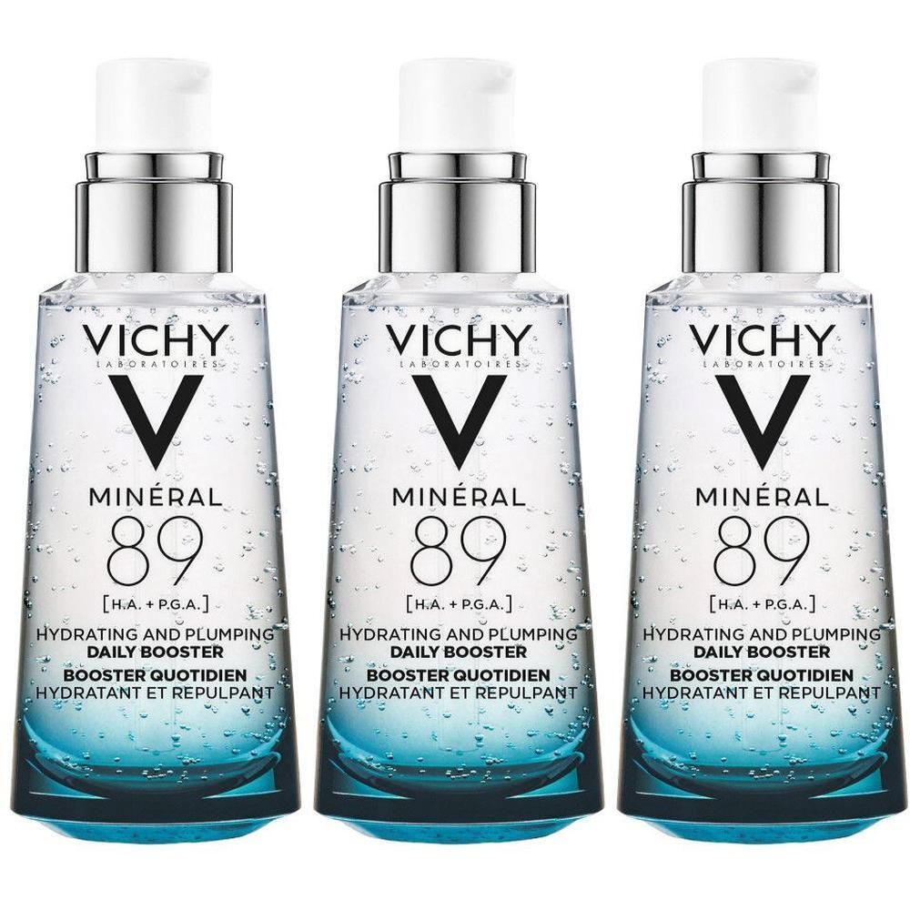 Drie Vichy Mineral 89 Booster flacons naast elkaar.