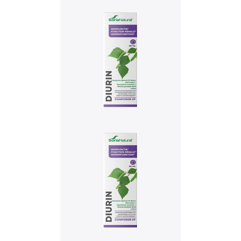 Soria Natural Diurin Composor 07, 50 ml. Boîte violette avec feuilles vertes.