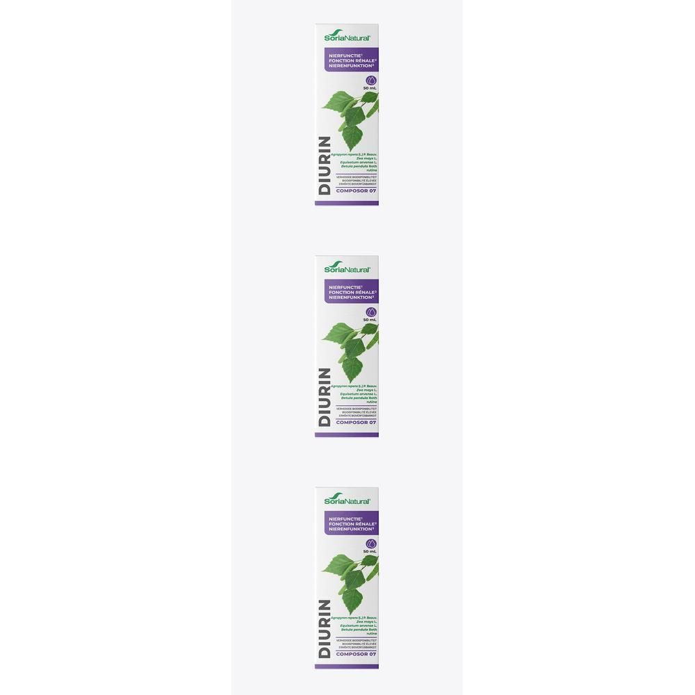 Verpakking van voedingssupplement Diurin met plantenmotief.