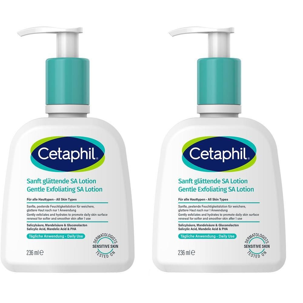 Twee flacons Cetaphil milde SA gladmakende lotion met pompdosering.