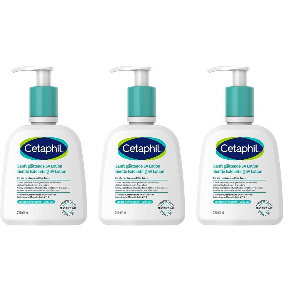 Trois flacons de lotion SA Cetaphil avec distributeurs à pompe.