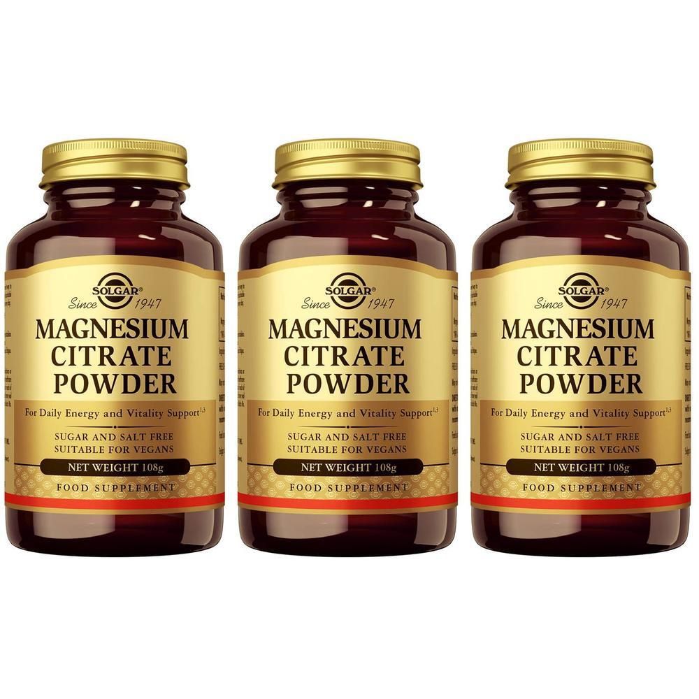 Drie flessen Solgar Magnesium Citraat Poeder, elk 10g.