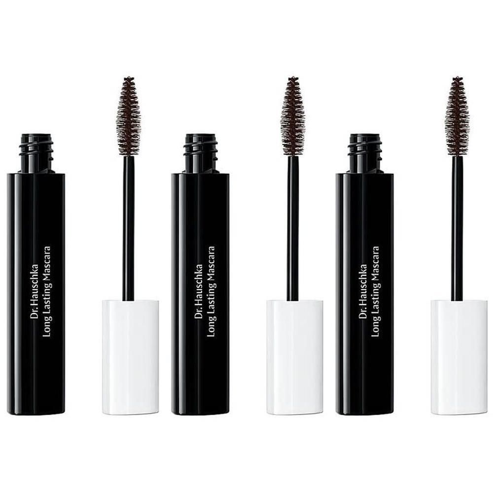 Dr. Hauschka Mascara longue tenue brun 02: Vier zwarte tubes met borsteltjes. Bruine mascara.