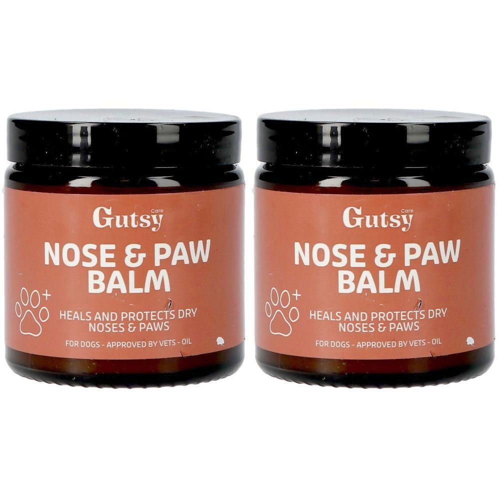 Deux pots de Gutsy Nose & Paw Balm avec étiquettes marron et couvercles noirs.