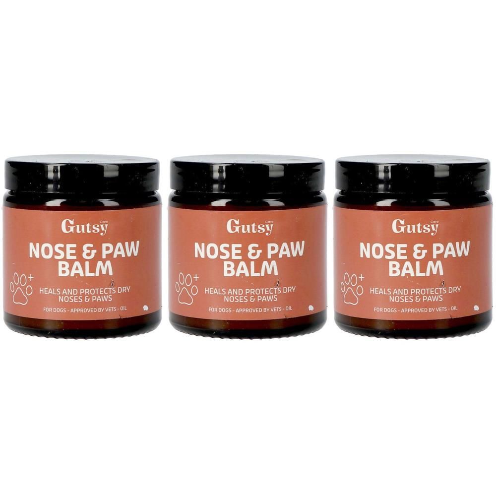 Trois pots de Gutsy Nose & Paw Balm avec étiquette marron et couvercle noir.