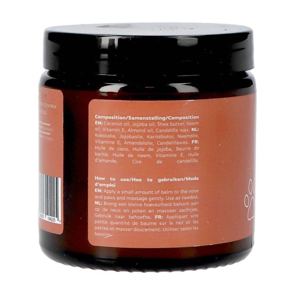 Arrière d'un pot de Gutsy Nose & Paw Balm avec ingrédients et instructions d'utilisation.