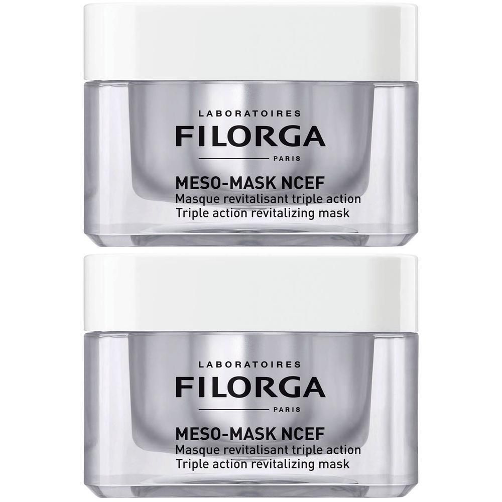 Deux pots Filorga Meso-Mask NCEF avec couvercle blanc, corps transparent et étiquette argentée.