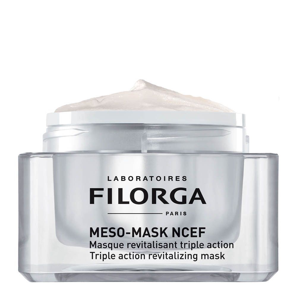 Un pot Filorga Meso-Mask NCEF avec couvercle blanc, corps transparent et étiquette argentée.