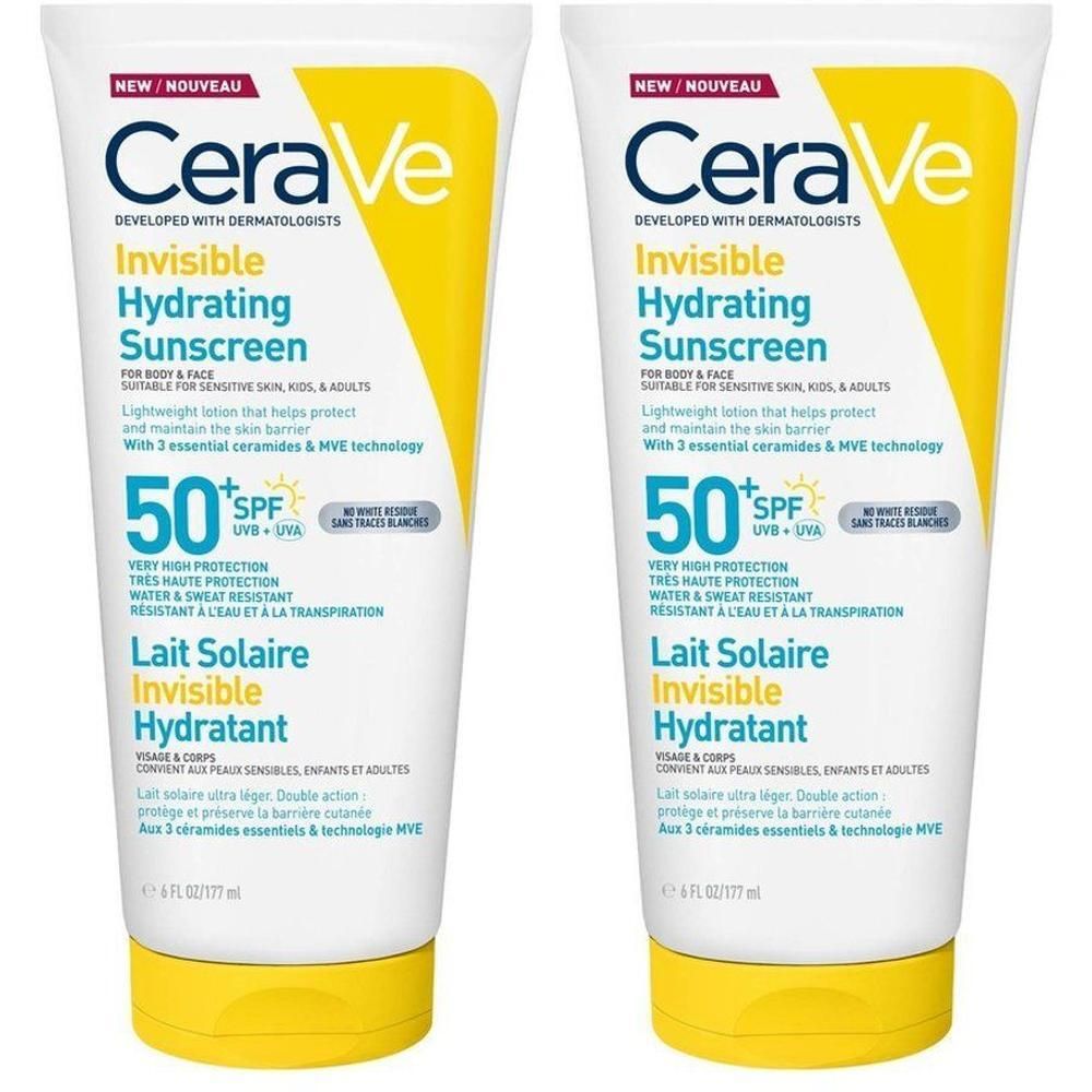 Twee tubes CeraVe Invisible Hydrating Sunscreen SPF50, voor- en achterkant.