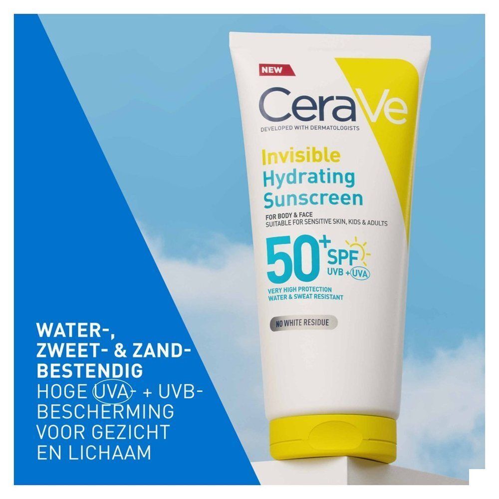 CeraVe Invisible Hydrating Sunscreen SPF50 met tekst over water-, zweet- en zandbestendigheid.