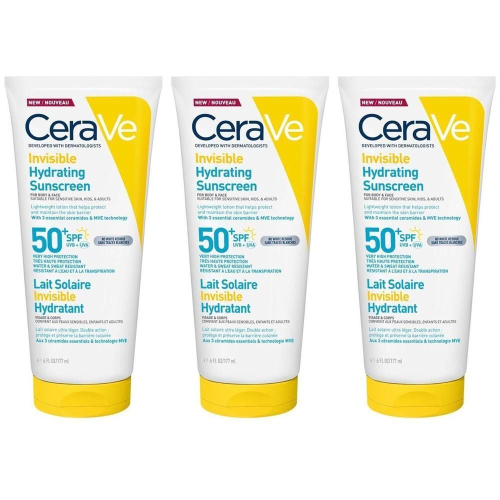 Drie tubes CeraVe Sun Creme Solaire Hydratante Invisible SPF50 met gele dop.