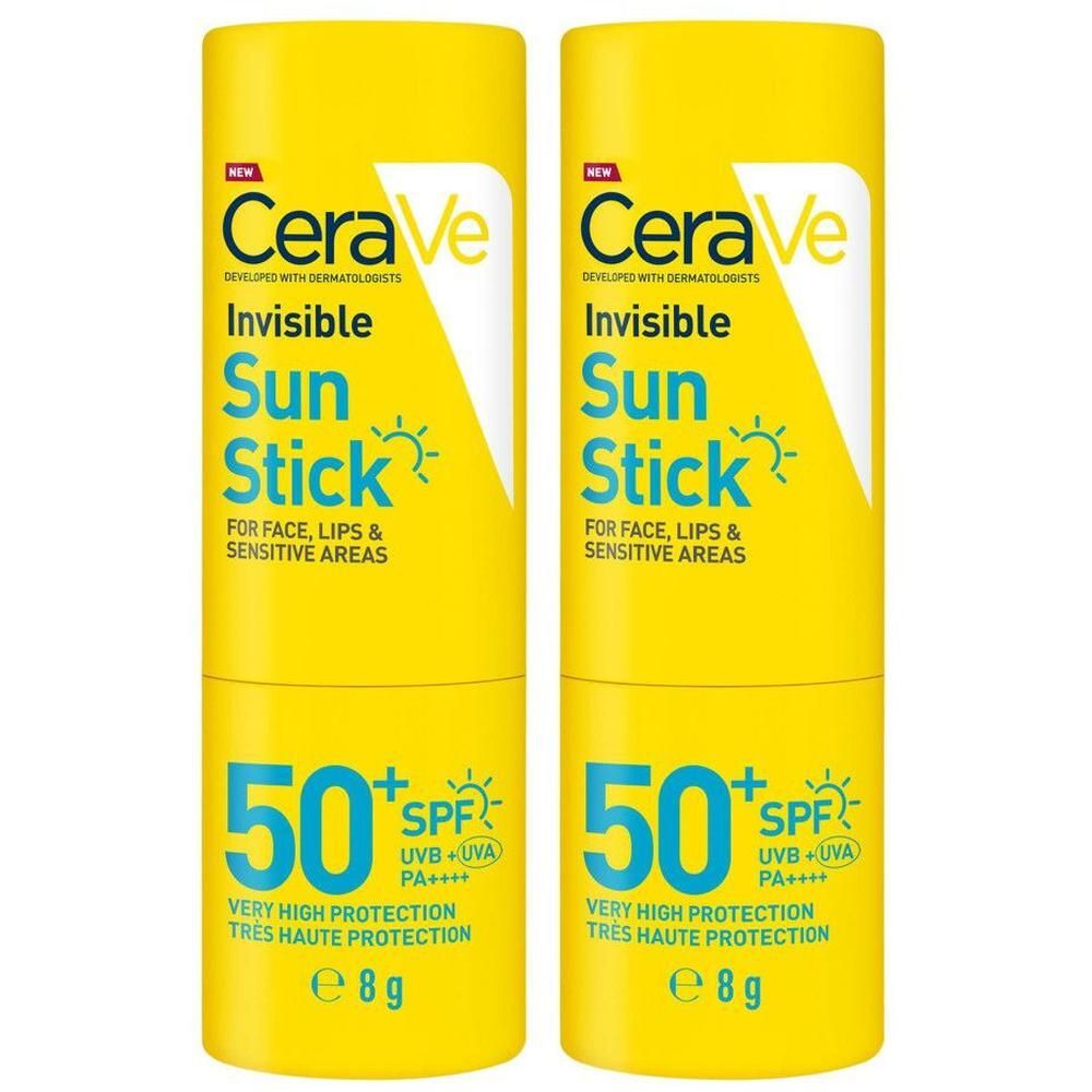 Twee CeraVe Invisible Sun Stick SPF50+ in geel.