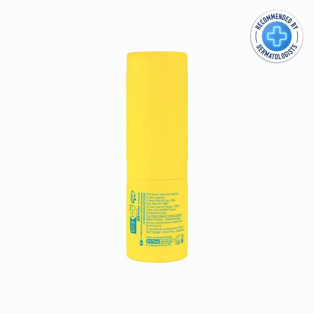 Achterkant van een CeraVe Invisible Sun Stick SPF50+ met ingrediënten en zegel.