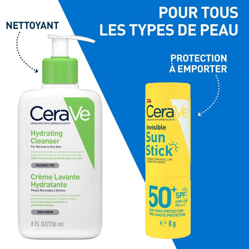 CeraVe Stick Solaire Invisible SPF50+ à côté du nettoyant hydratant CeraVe.