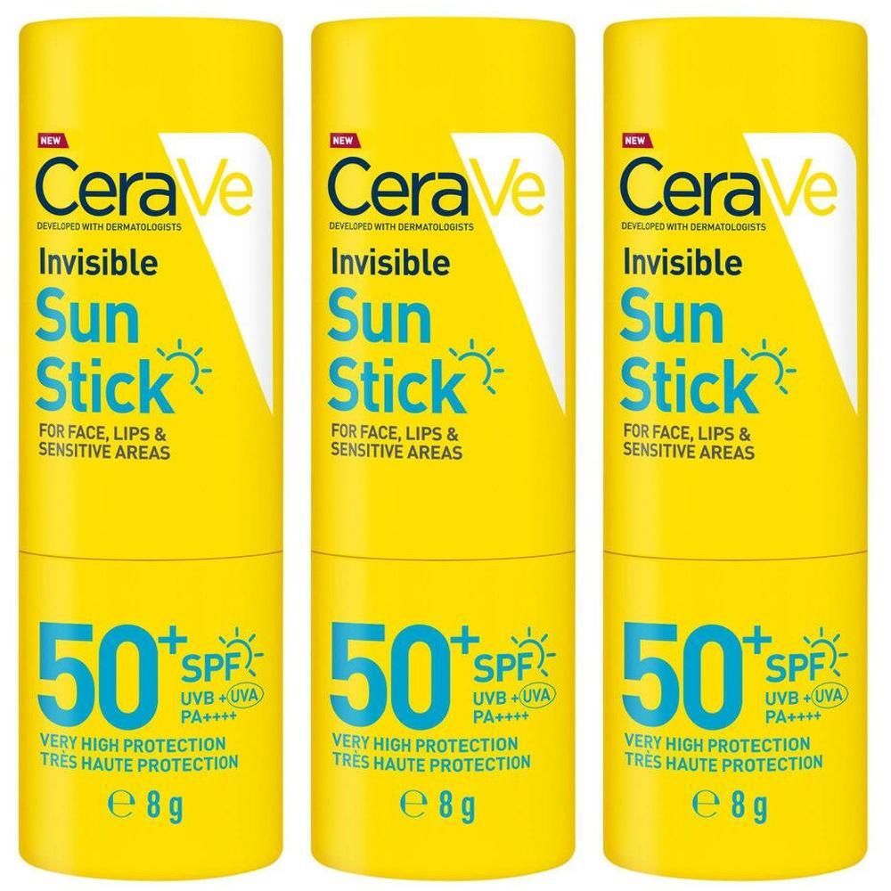 Drie gele CeraVe Invisible Sun Sticks met SPF 50+.