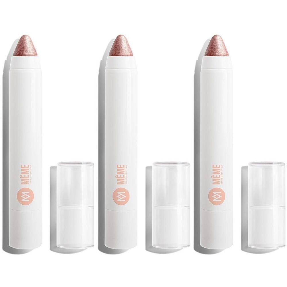 Drie witte oogschaduwpotloden met roze glans en transparante dopjes.