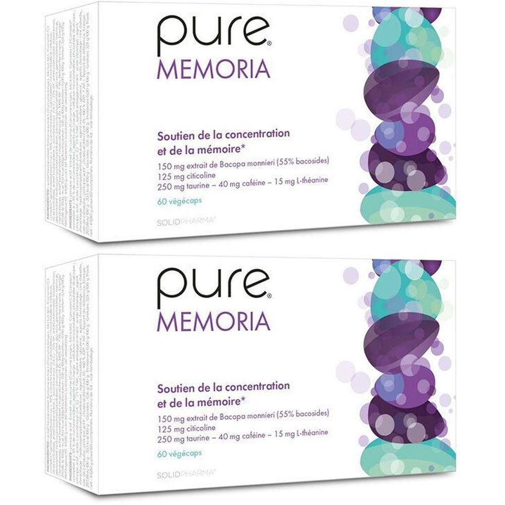 Deux boîtes Pure Memoria de 60 gélules. Soutien de la concentration et de la mémoire.