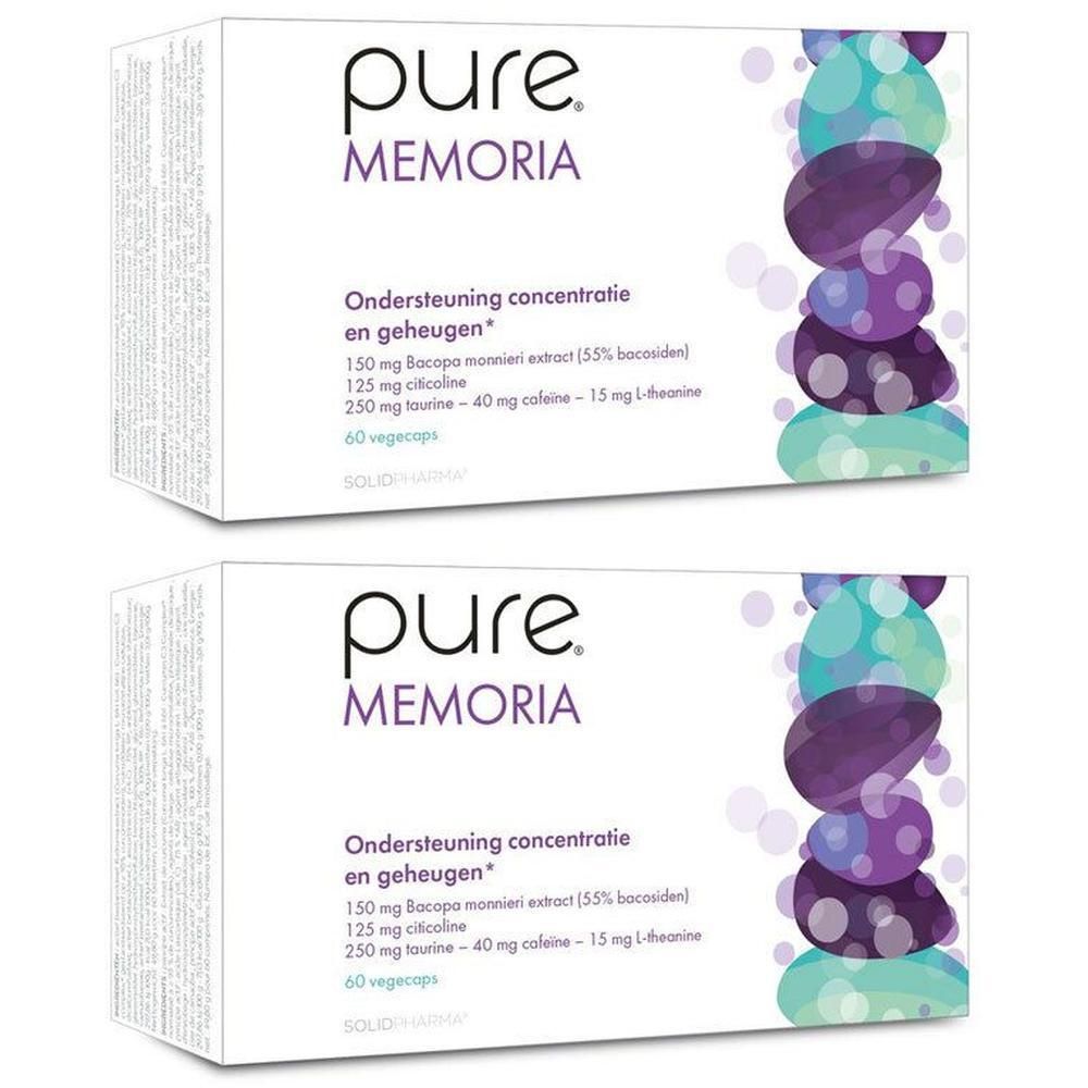 Twee pakken Pure Memoria met 60 capsules. Ondersteuning concentratie en geheugen.
