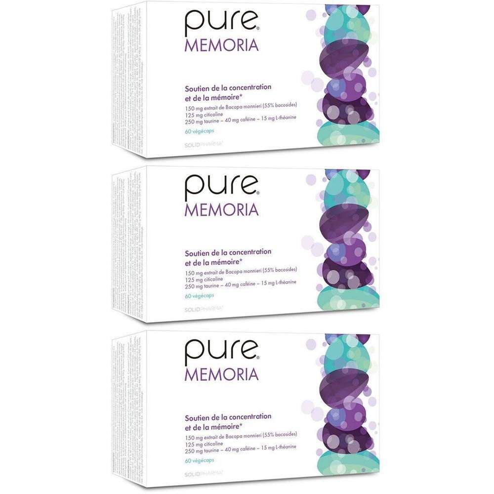 Trois boîtes de Solidpharma Pure® Memoria axées sur la concentration et la mémoire.