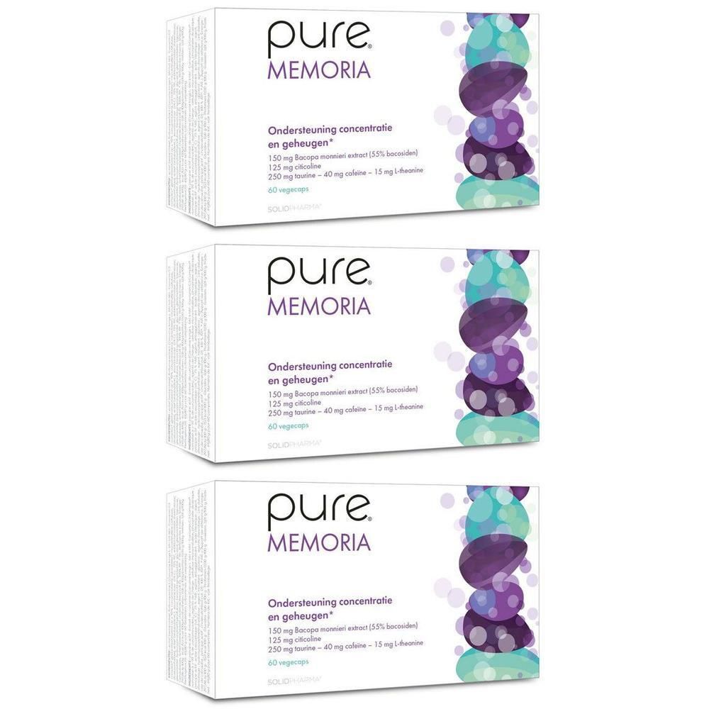 Drie verpakkingen Solidpharma Pure® Memoria gericht op concentratie en geheugen.