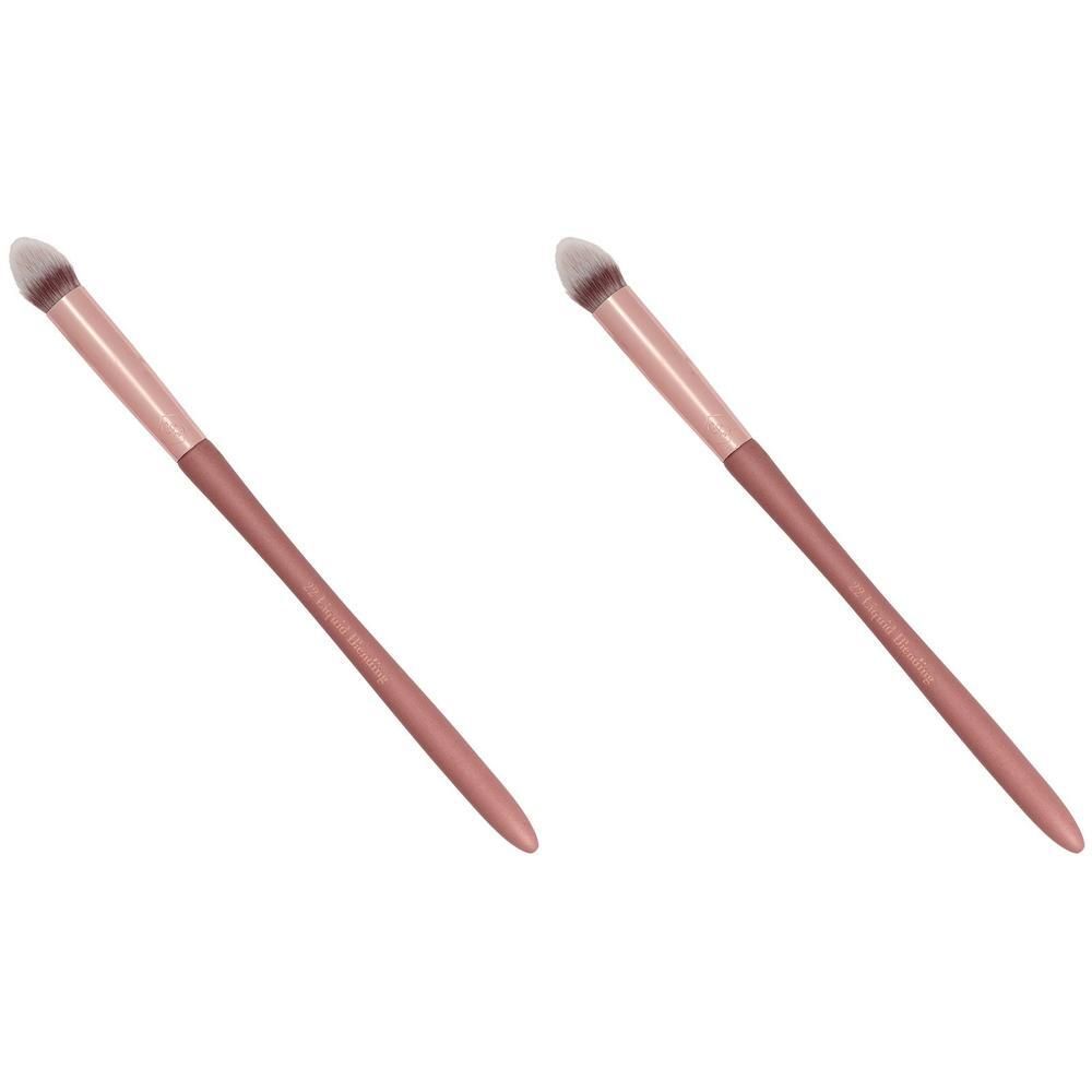 Twee oogschaduwkwasten met roze handvatten en lichte borstels.