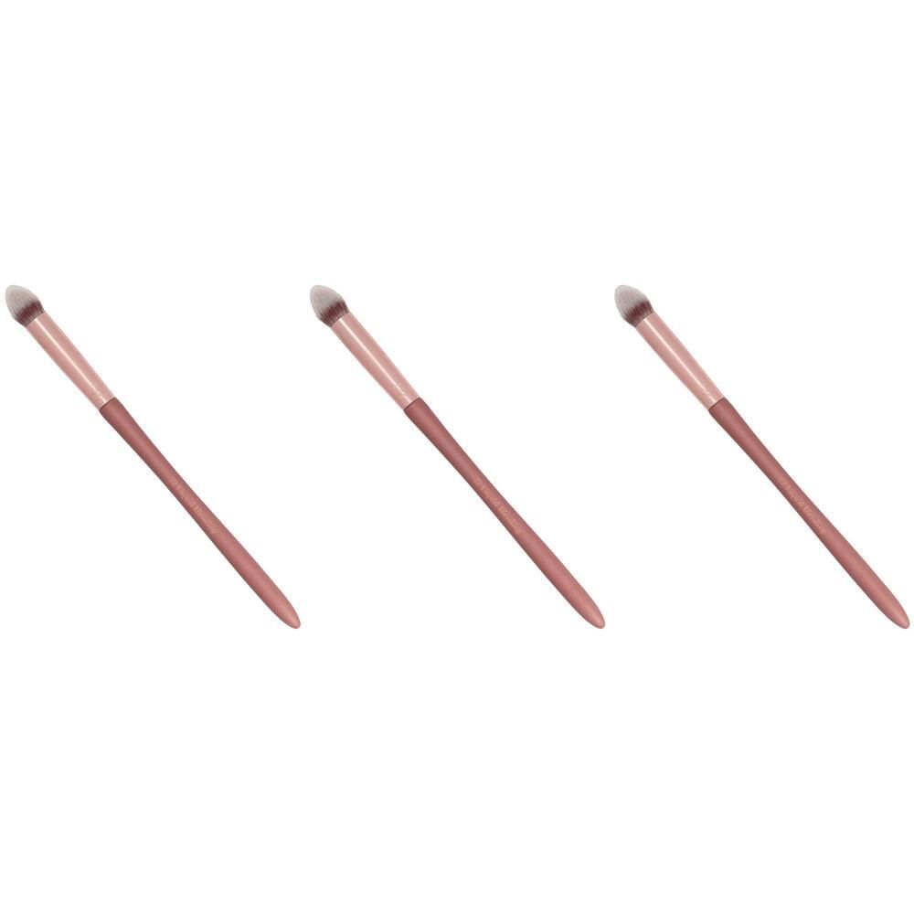 Trois pinceaux à paupières avec manches rose doré et poils clairs.