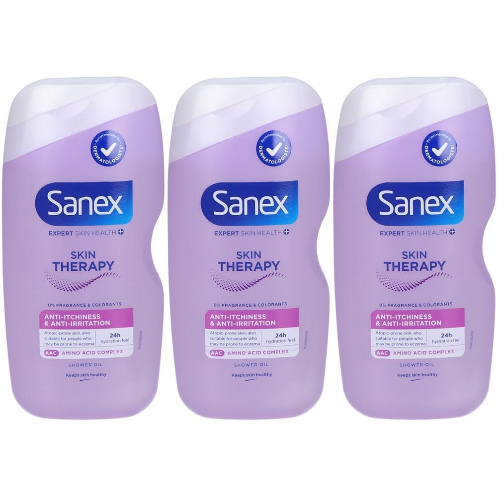 Drie Sanex Skin Therapy doucheolie flacons, paars, witte dop. Anti-irritatie.