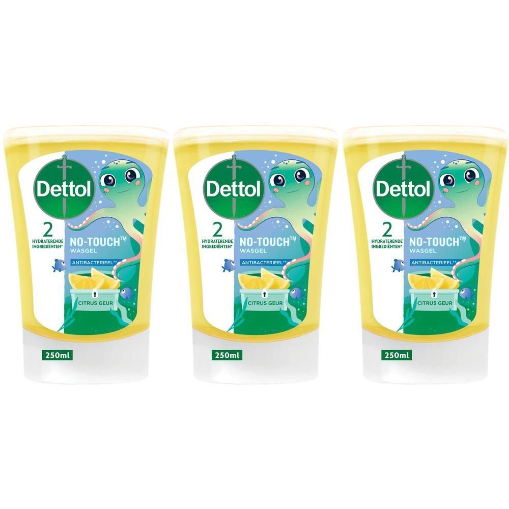 Trois recharges Dettol No-Touch pour distributeur, savon antibactérien, parfum citron, 250ml.