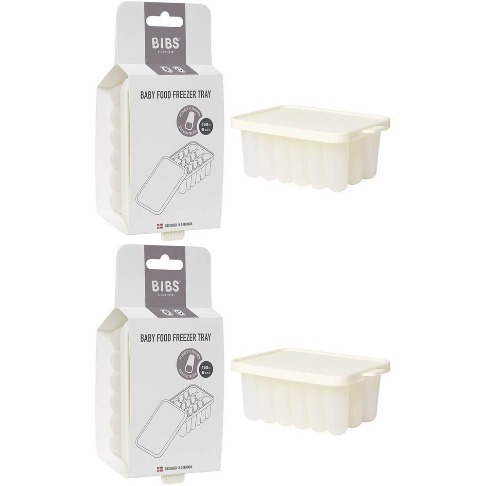Deux bacs de congélation pour aliments pour bébé BIBS couleur ivoire avec couvercles. Chaque bac a 10 compartiments.
