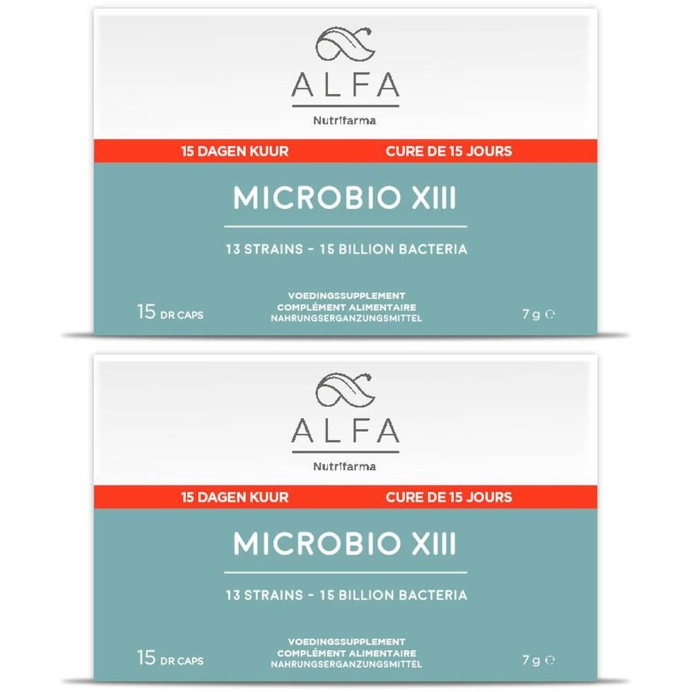 Twee verpakkingen Alfa Microbio XIII, voedingssupplement met 13 stammen en 16 miljard bacteriën.