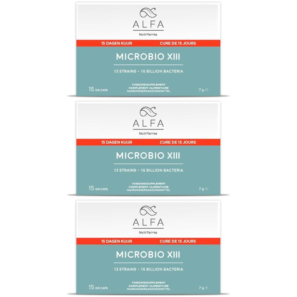 Drie verpakkingen Alfa Microbio XIII met 15 capsules, 12 stammen, 16 miljard bacteriën.