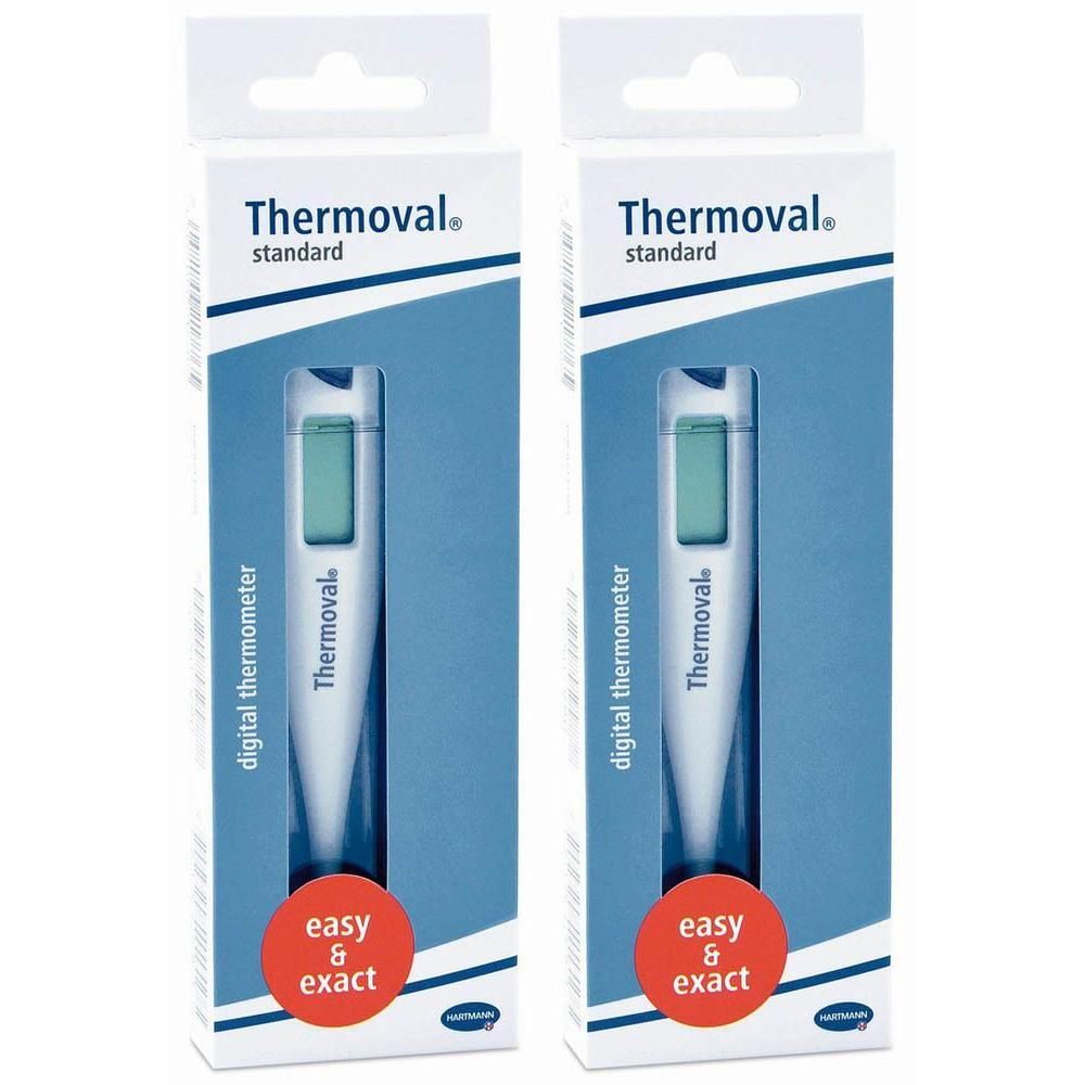 Twee digitale thermometers van Thermoval in doos. Wit met blauw design.
